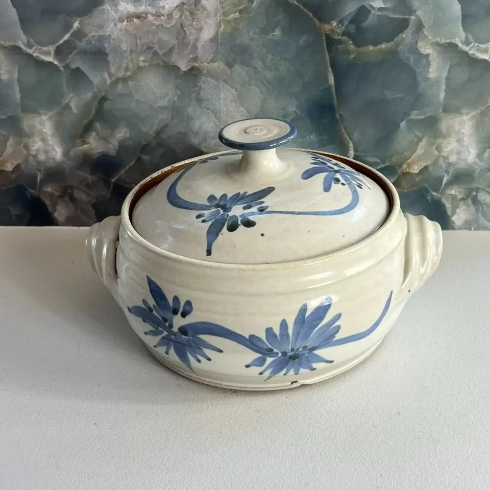 Vintage Floral Handmade Stoneware Pottery Veggie Rice Cooker
